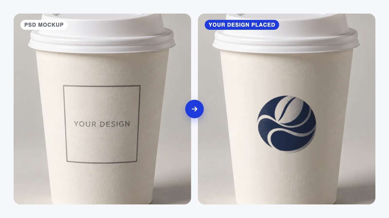 Coffee cup PSD mockup before and after, from a blank "Your design" placeholder to a navy logo wrapped around the cup